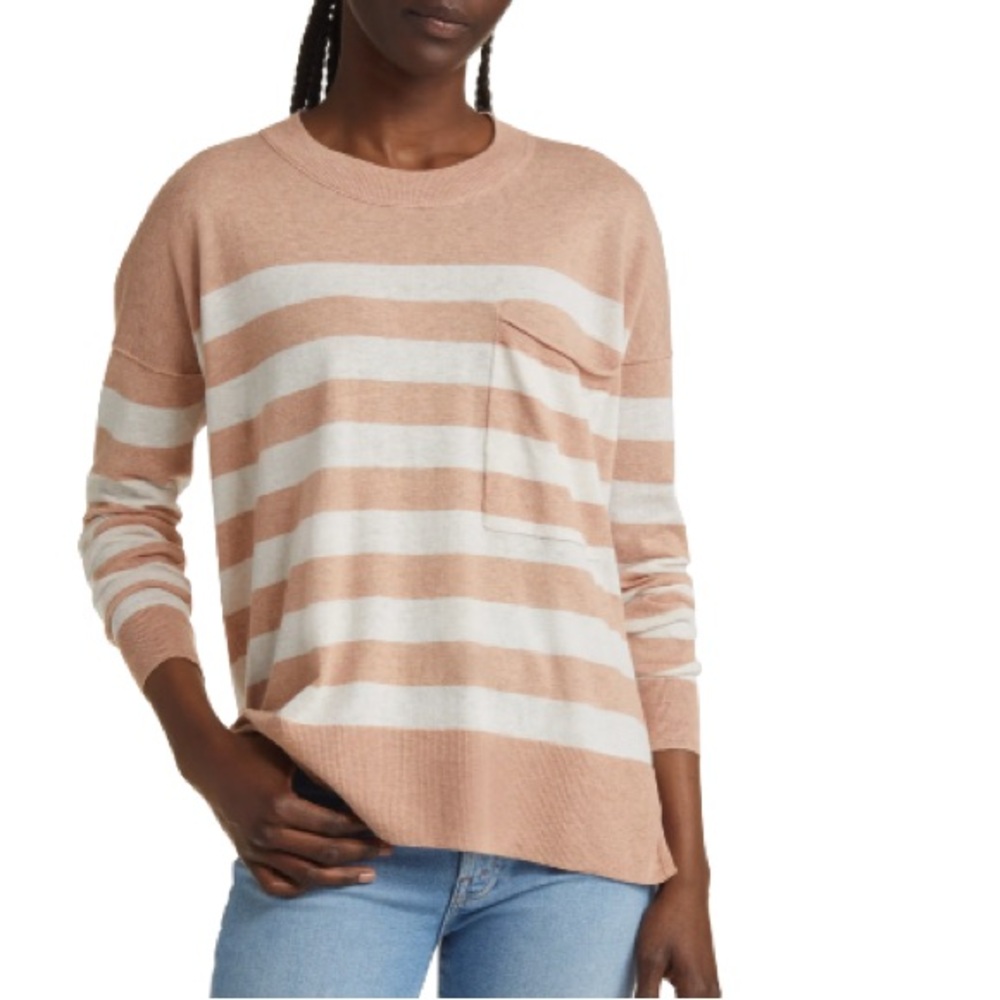 EUC Madewell Tan and White lightweight Striped Sweater